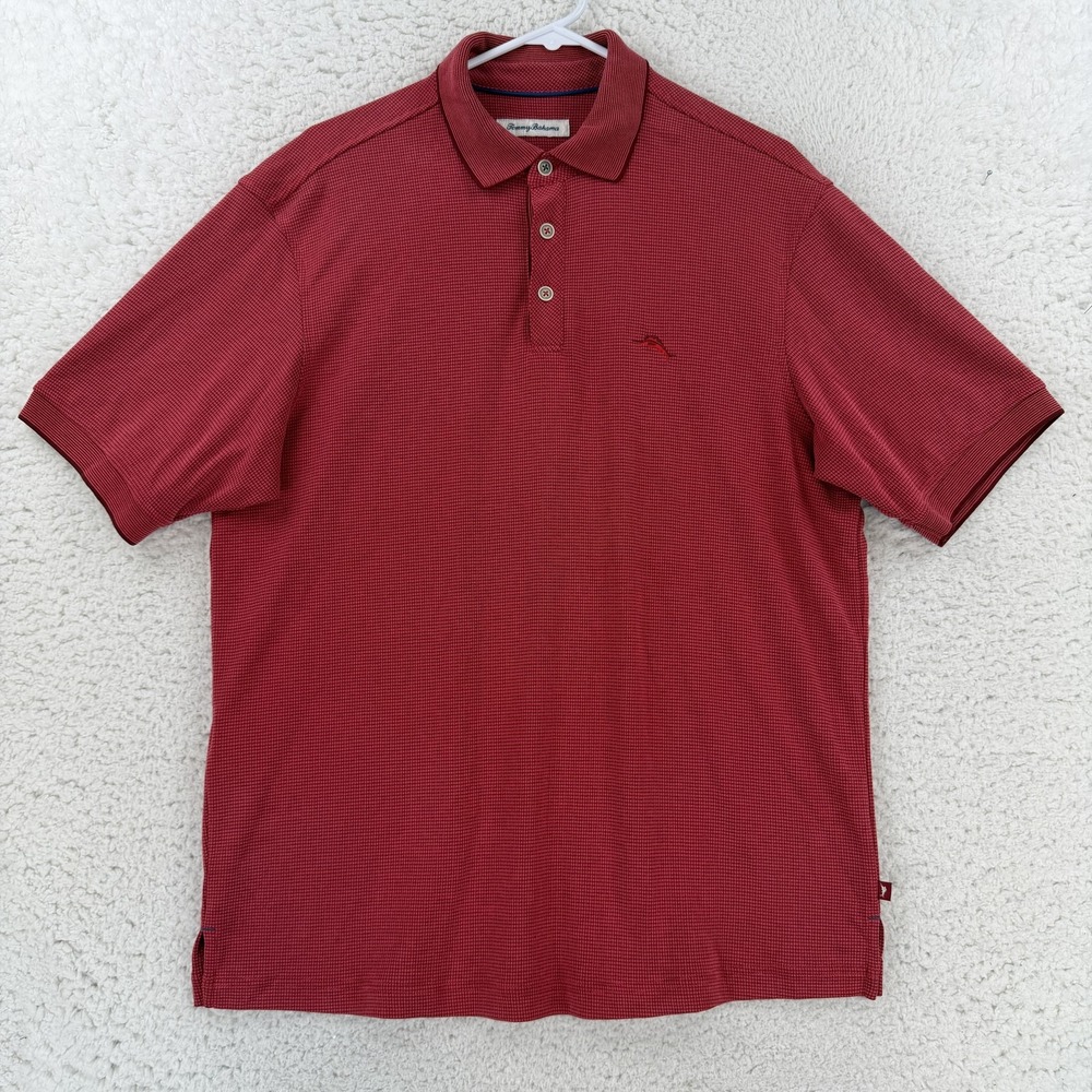 Tommy Bahama Polo Shirt Mens Large Red Check Modal Polyester Knit Casual Top